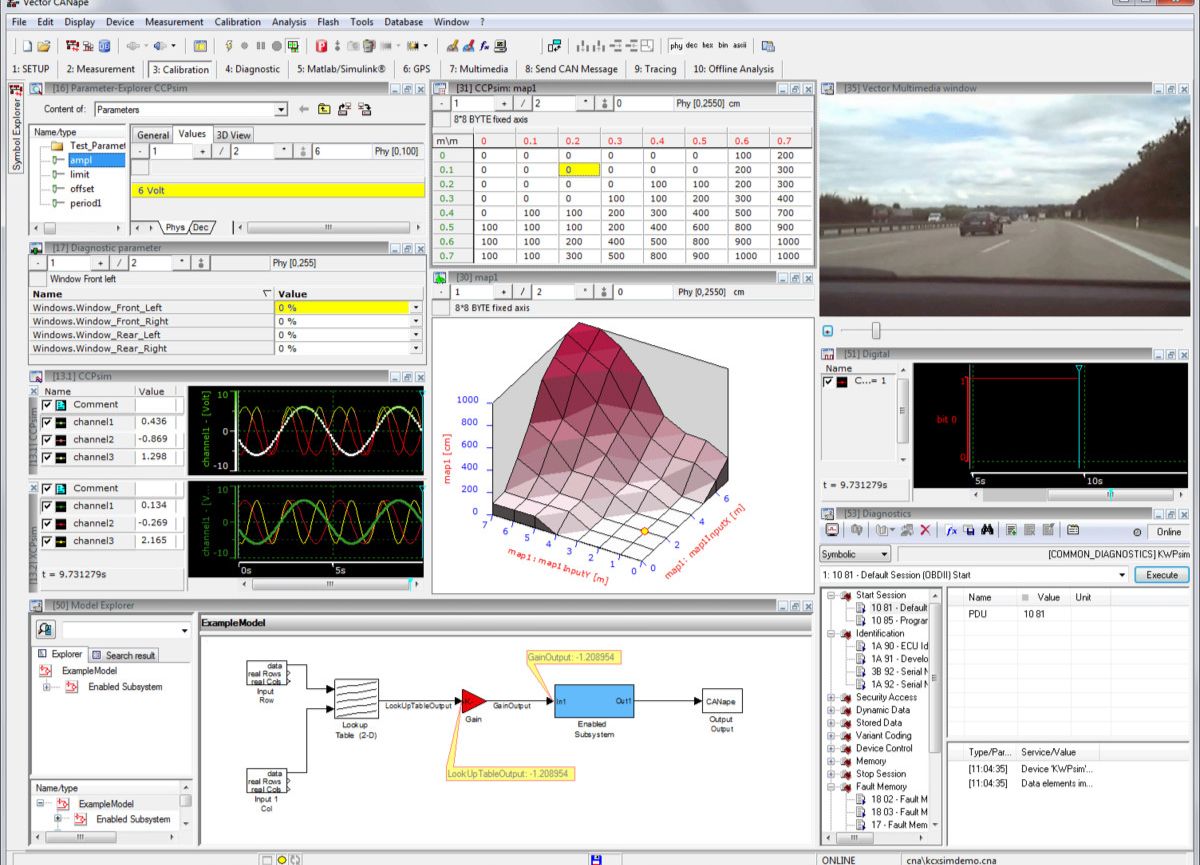 CANape software open, video footage, graphs and more are shown